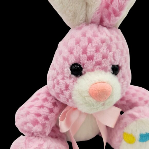 Pink Waffle-patterned Bunny Rabbit Plush Bow White Fur Jellybean Feet 9" Easter - Picture 6 of 7